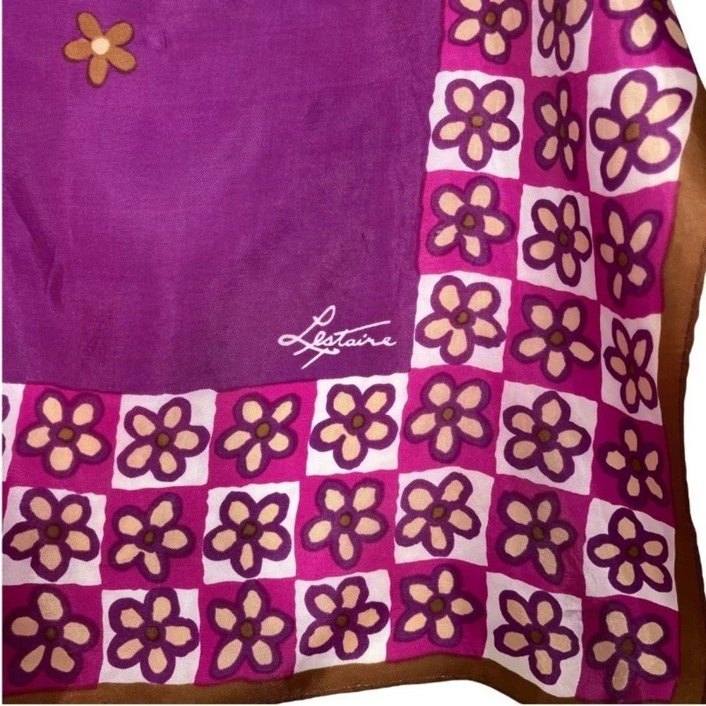 Lestaire Vintage Purple Floral Silk Scarf Square Hand Rolled Retro Daisy Print